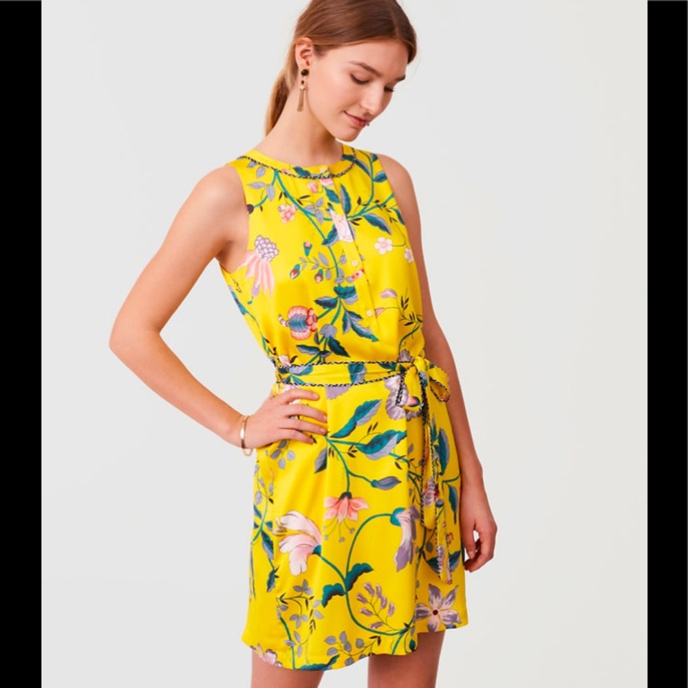 LOFT Yellow Floral Tie-Waist Sleeveless Dress